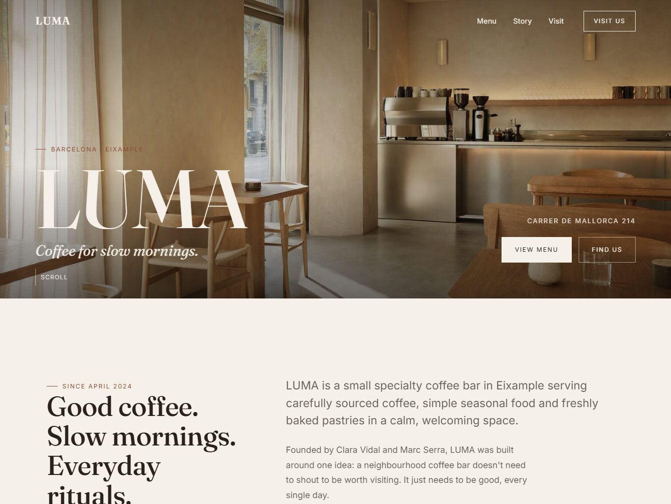 Luma Coffee website — hero section with warm interior photography