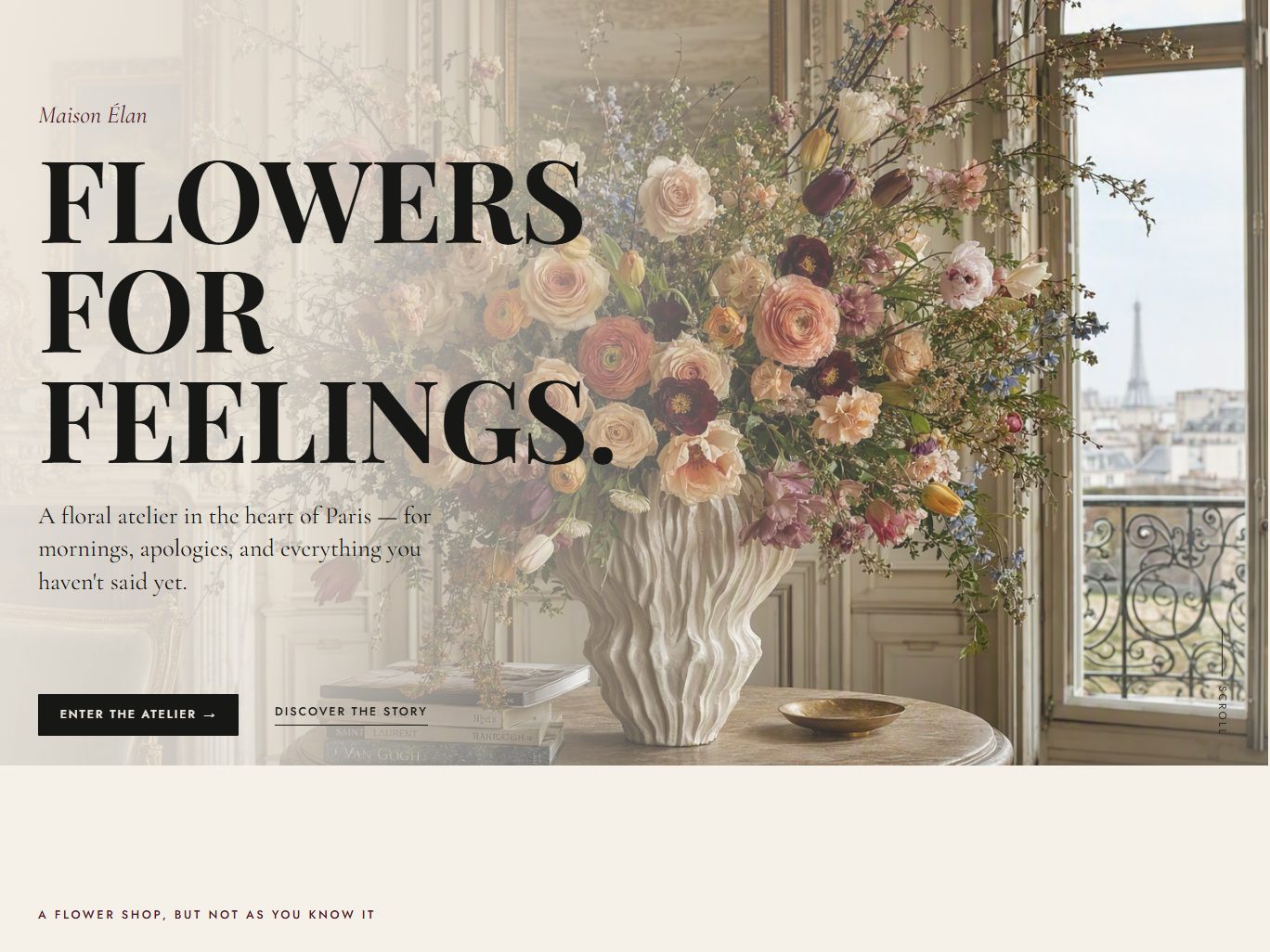 Maison Élan Flowers website — floral arrangement hero in a Paris apartment