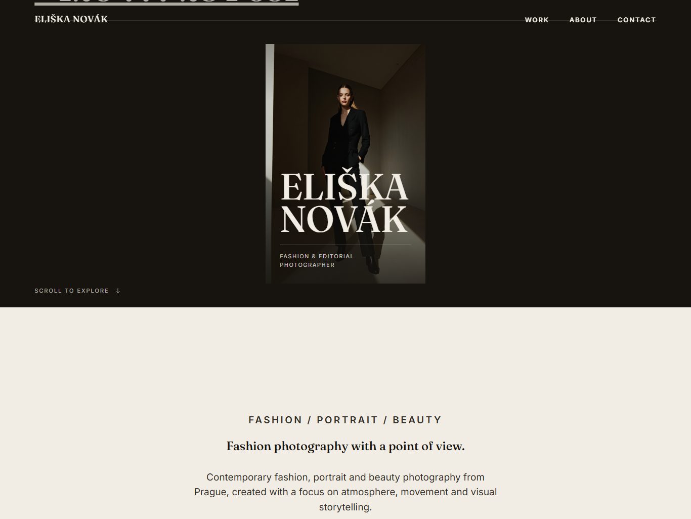 Eliška Novák photography portfolio website — dark, editorial hero
