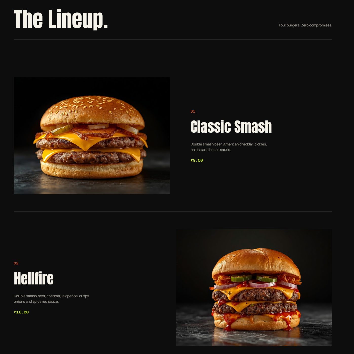 Smashed Burger website — bold dark menu page with burger photography